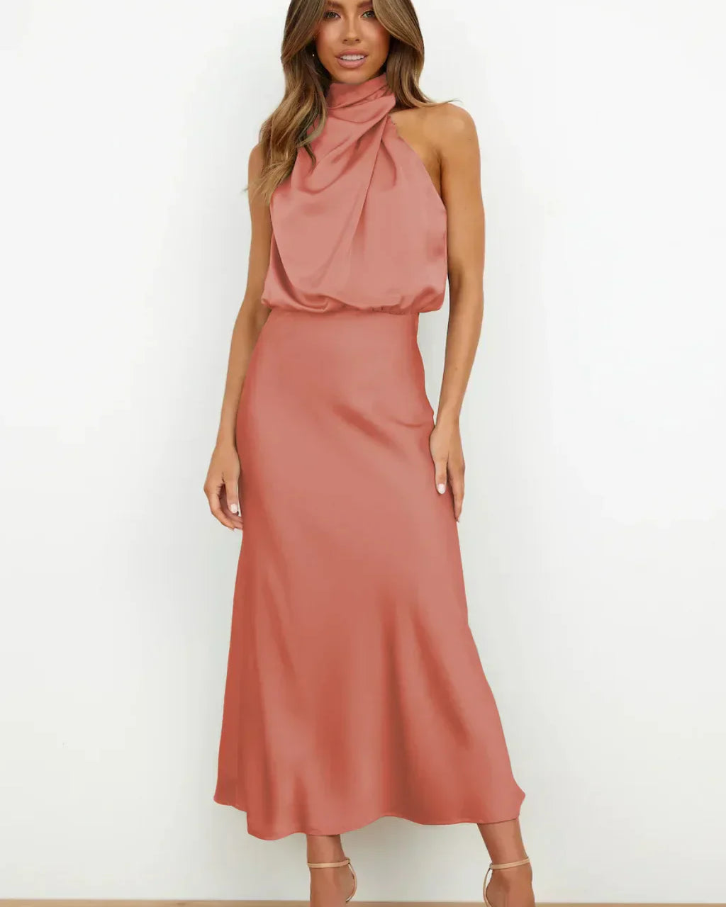 Rochelle | Feminine Satin Dress with Halter Neckline