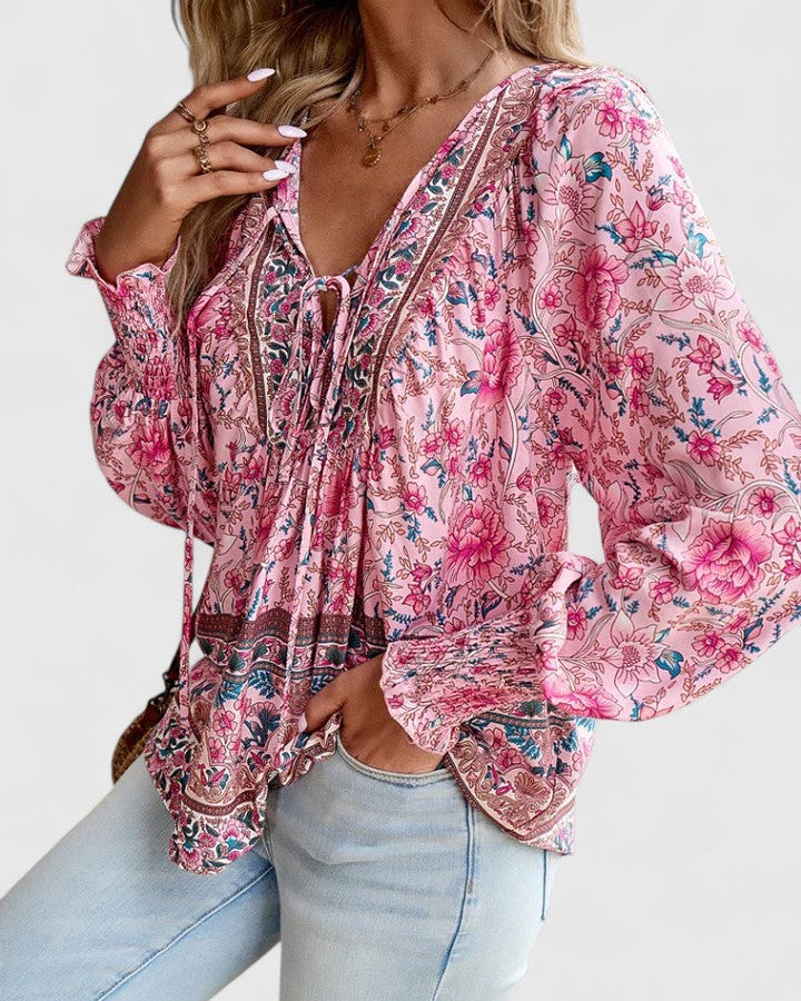 Maya | Women's Boho Floral Long Sleeve Peasant Top