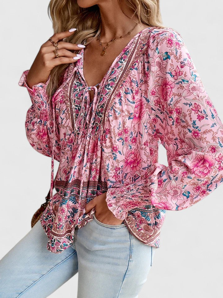 Maya | Women's Boho Floral Long Sleeve Peasant Top