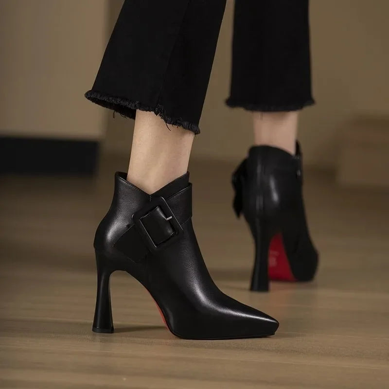 Women's Heeled Ankle Boots with Decorative Buckle