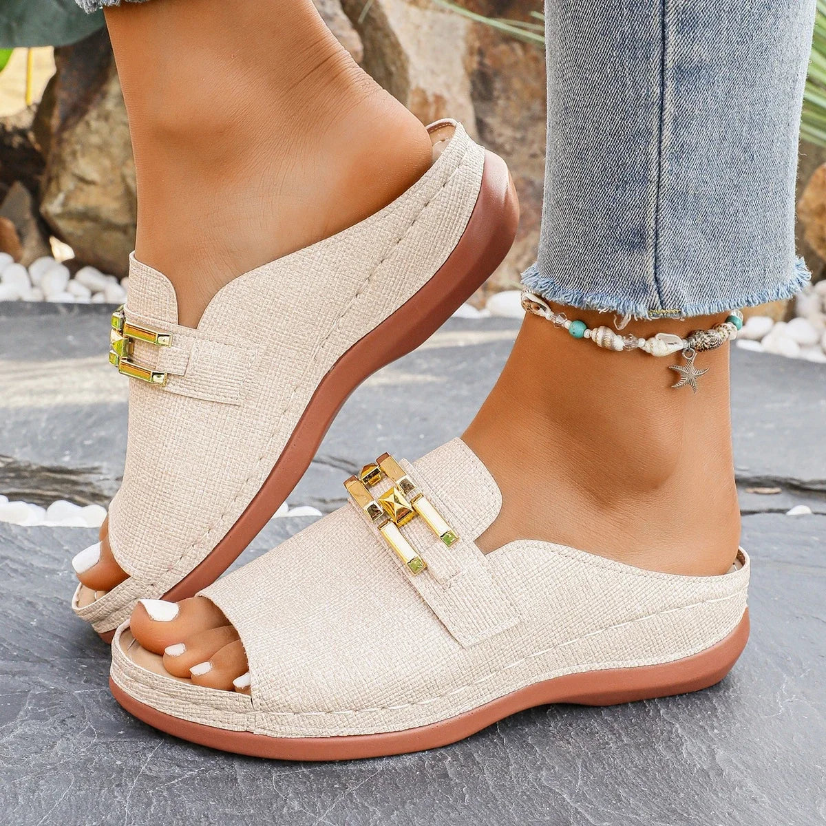 Women’s Slip-On Comfort Wedge Sandals with Decorative Detail