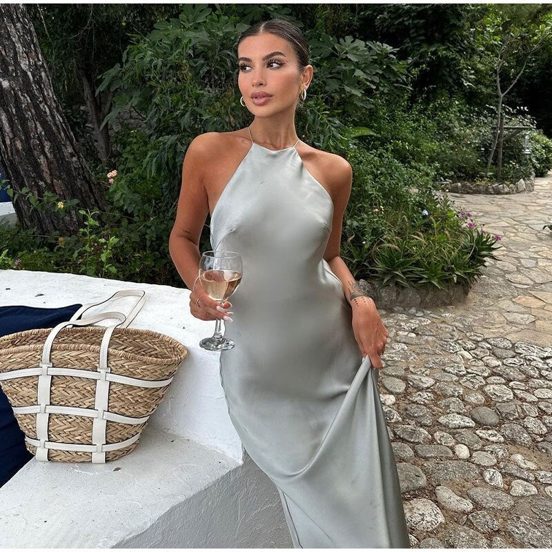 Women’s Elegant Halter Neck Satin Maxi Dress