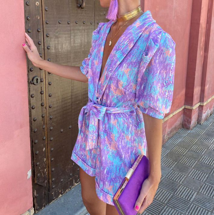 Women’s V-Neck Short Sleeve Romper with Tie Waist