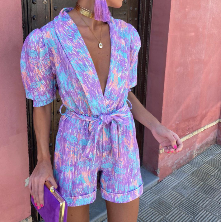 Women’s V-Neck Short Sleeve Romper with Tie Waist