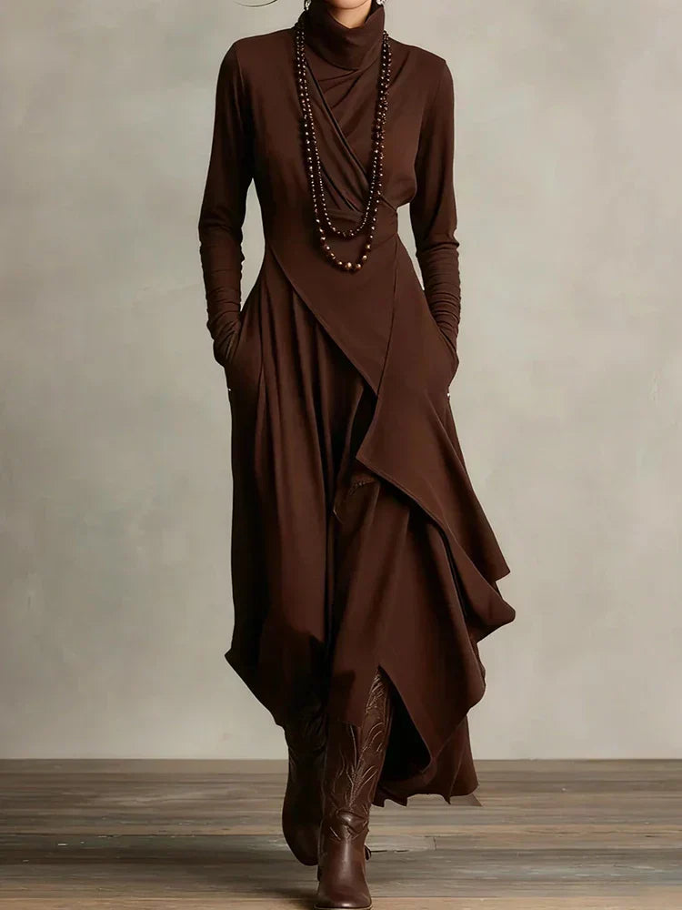 Natalia | Asymmetrical Knit Maxi Dress with Turtleneck