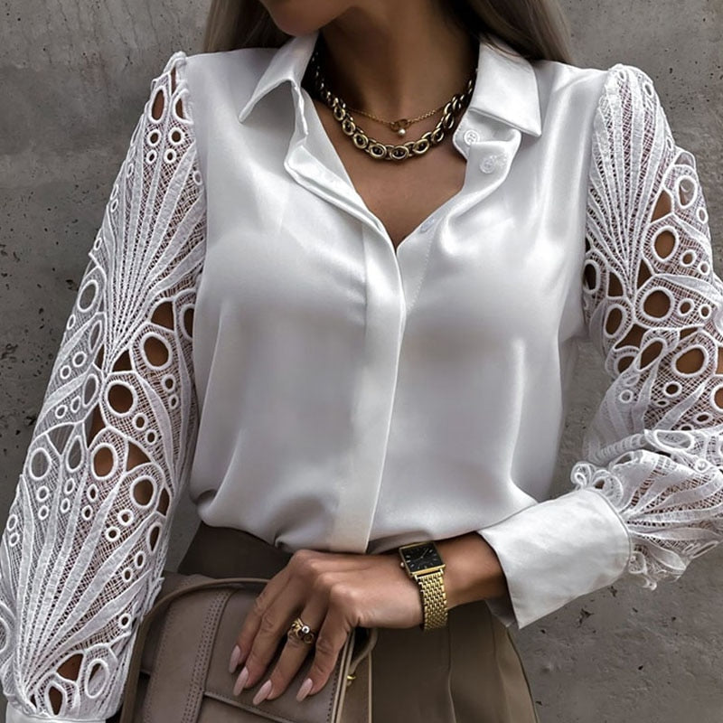 Women’s Elegant Lace Sleeve Button-Up Blouse