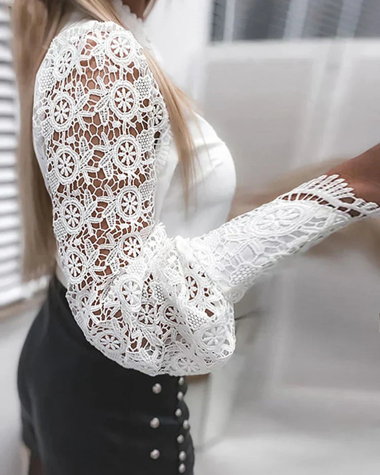 Women’s Elegant Lace Blouse with High Neck and Button Closure