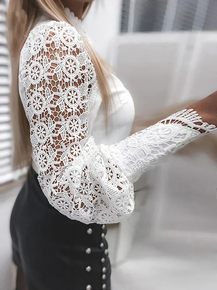 Women’s Elegant Lace Blouse with High Neck and Button Closure