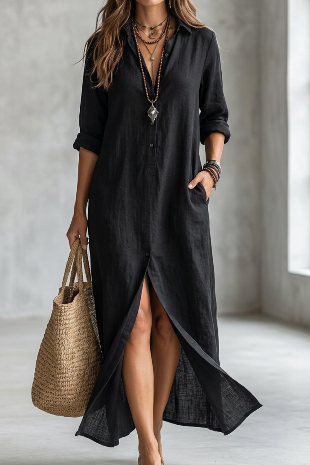 Women's Minimalist Solid Black Midi Shirt Dress MDZ2259F0ZRK
