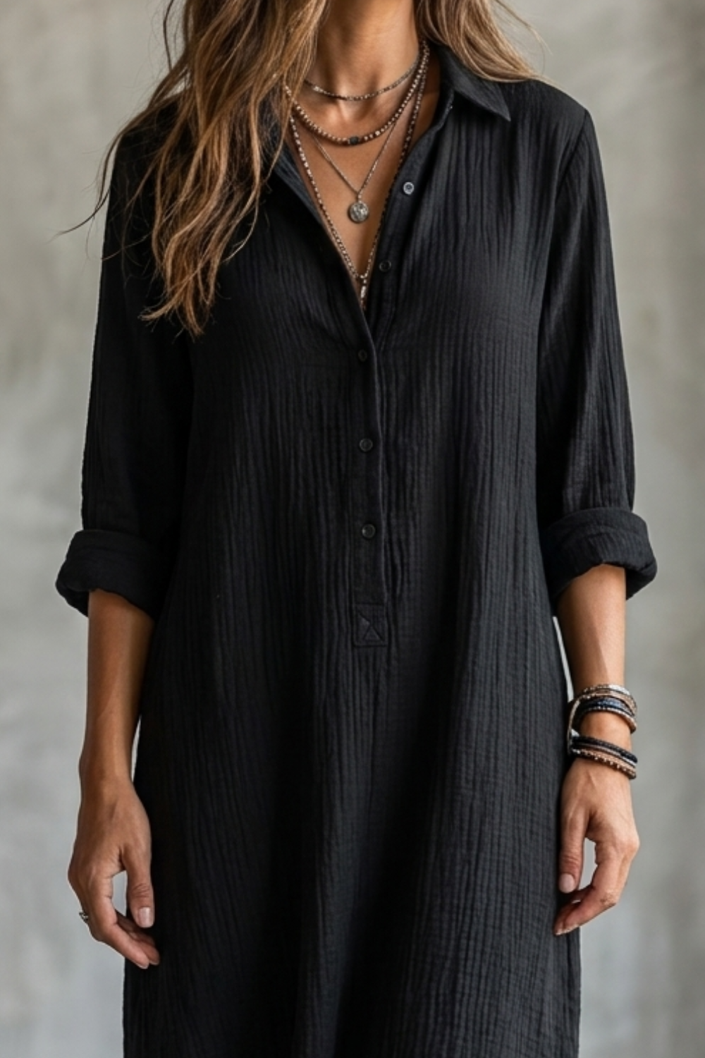 Women's Minimalist Solid Black Midi Shirt Dress MDZ2259F0ZRK