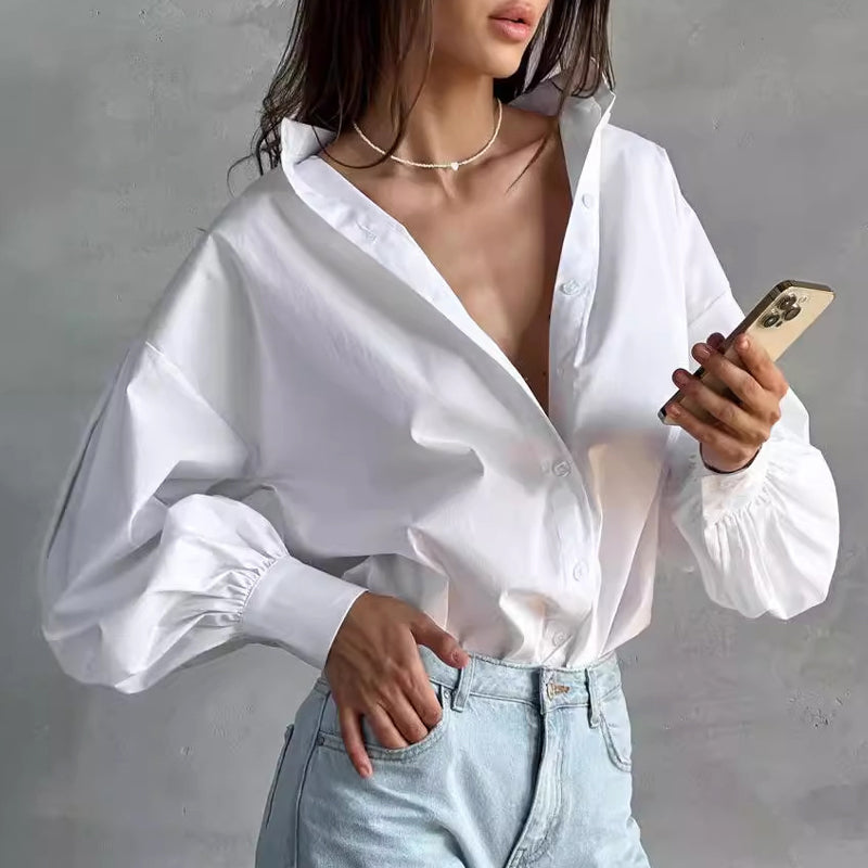 Women’s Oversized Button-Up Blouse with Bishop Sleeves