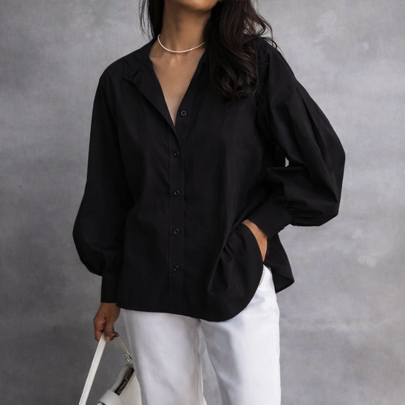 Women’s Oversized Button-Up Blouse with Bishop Sleeves