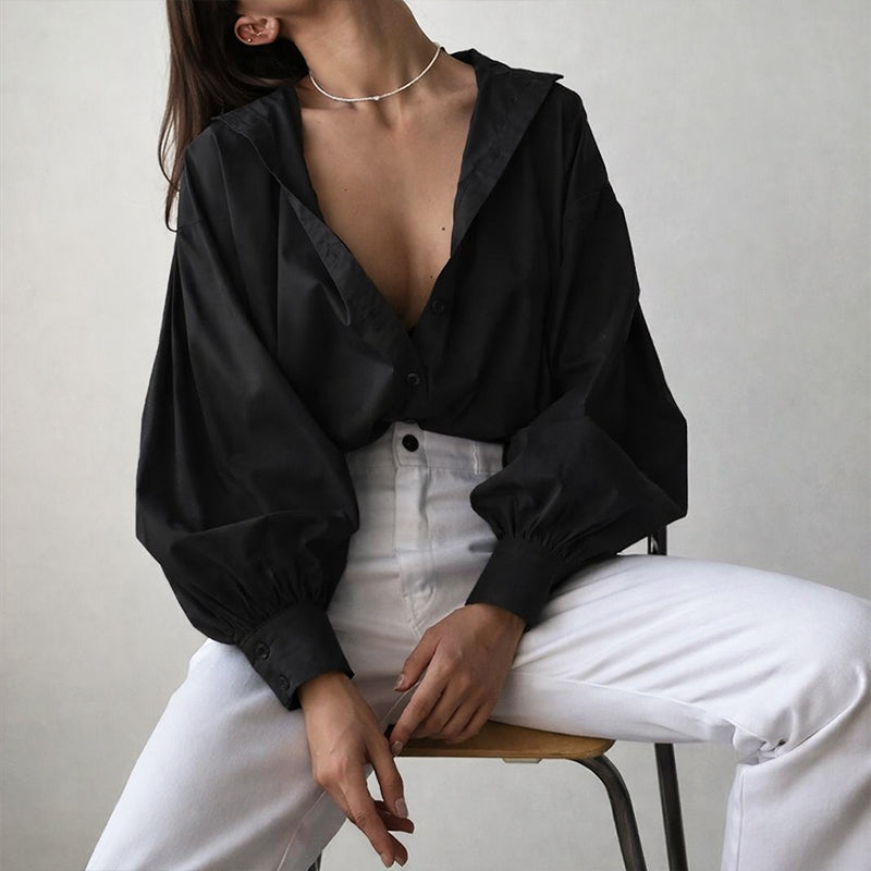 Women’s Oversized Button-Up Blouse with Bishop Sleeves