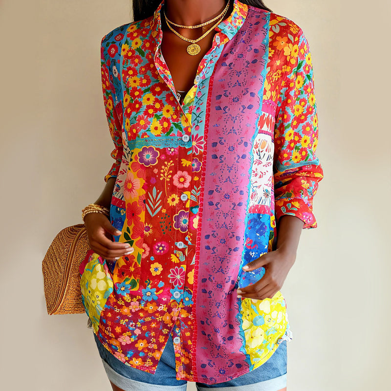 Women’s Colorful Patchwork Floral Button-Up Blouse