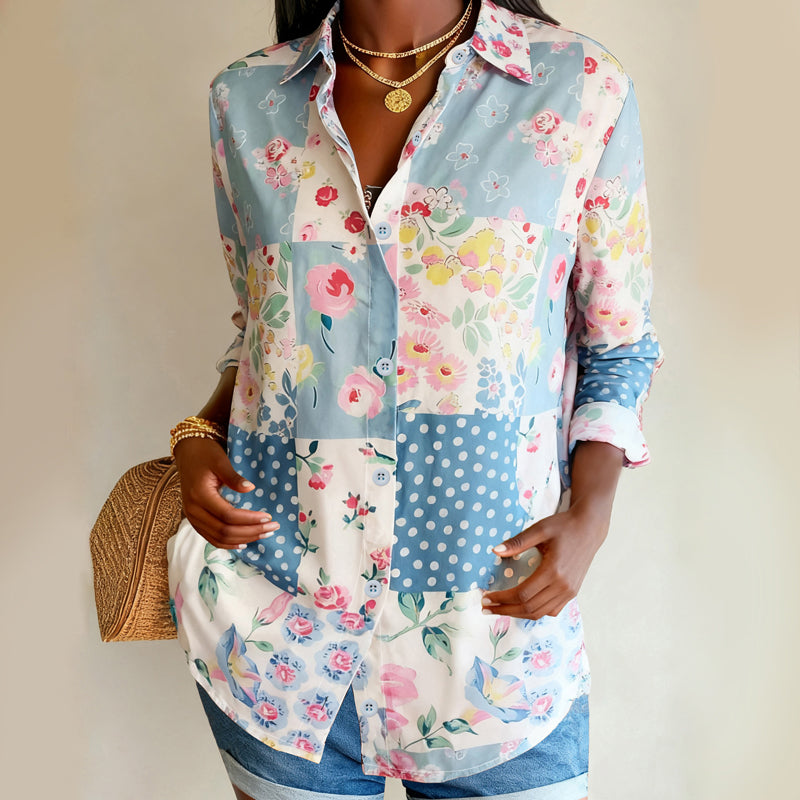 Women’s Colorful Patchwork Floral Button-Up Blouse