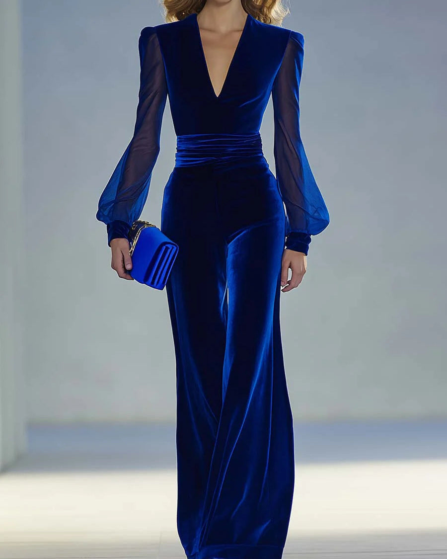Women's Jumpsuit | Elegant Long with V-Neck and Long Sleeves