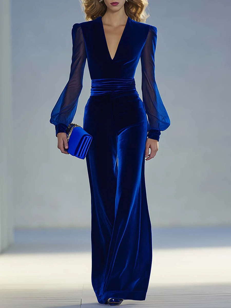 Women's Jumpsuit | Elegant Long with V-Neck and Long Sleeves