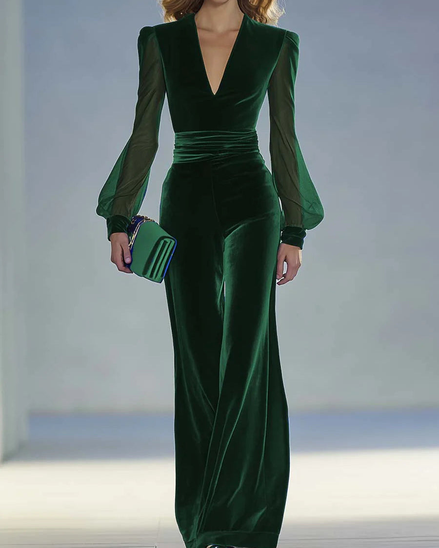 Women's Jumpsuit | Elegant Long with V-Neck and Long Sleeves