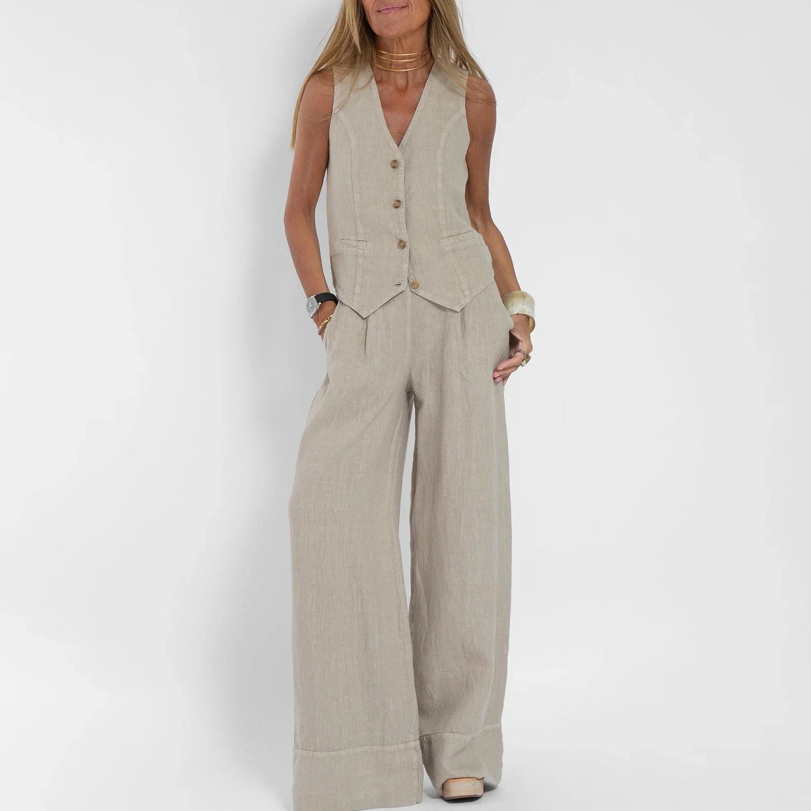 Women’s Casual Linen Two-Piece Vest & Wide-Leg Pants Set