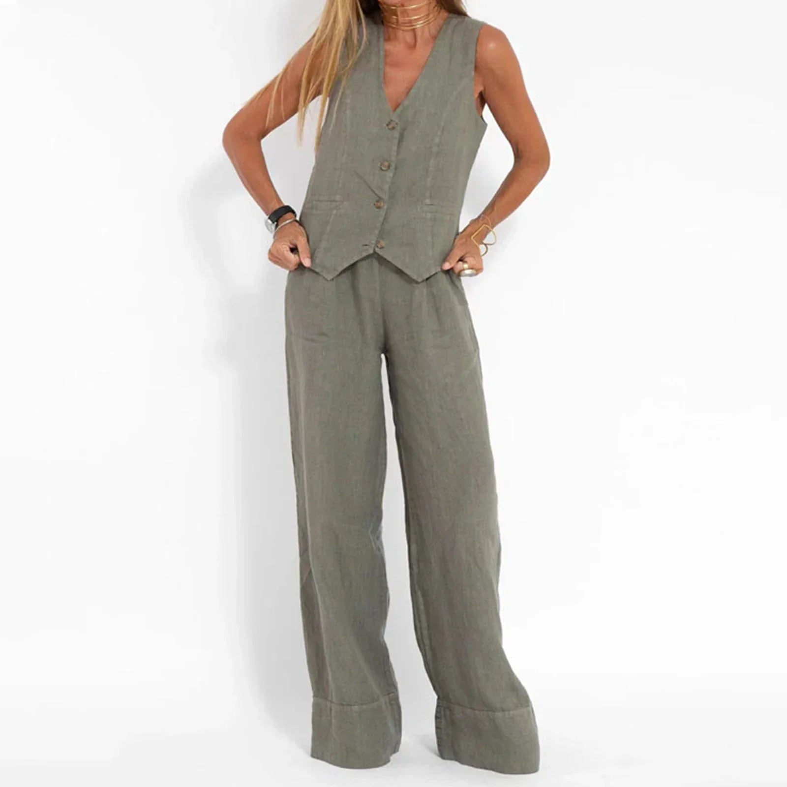 Women’s Casual Linen Two-Piece Vest & Wide-Leg Pants Set