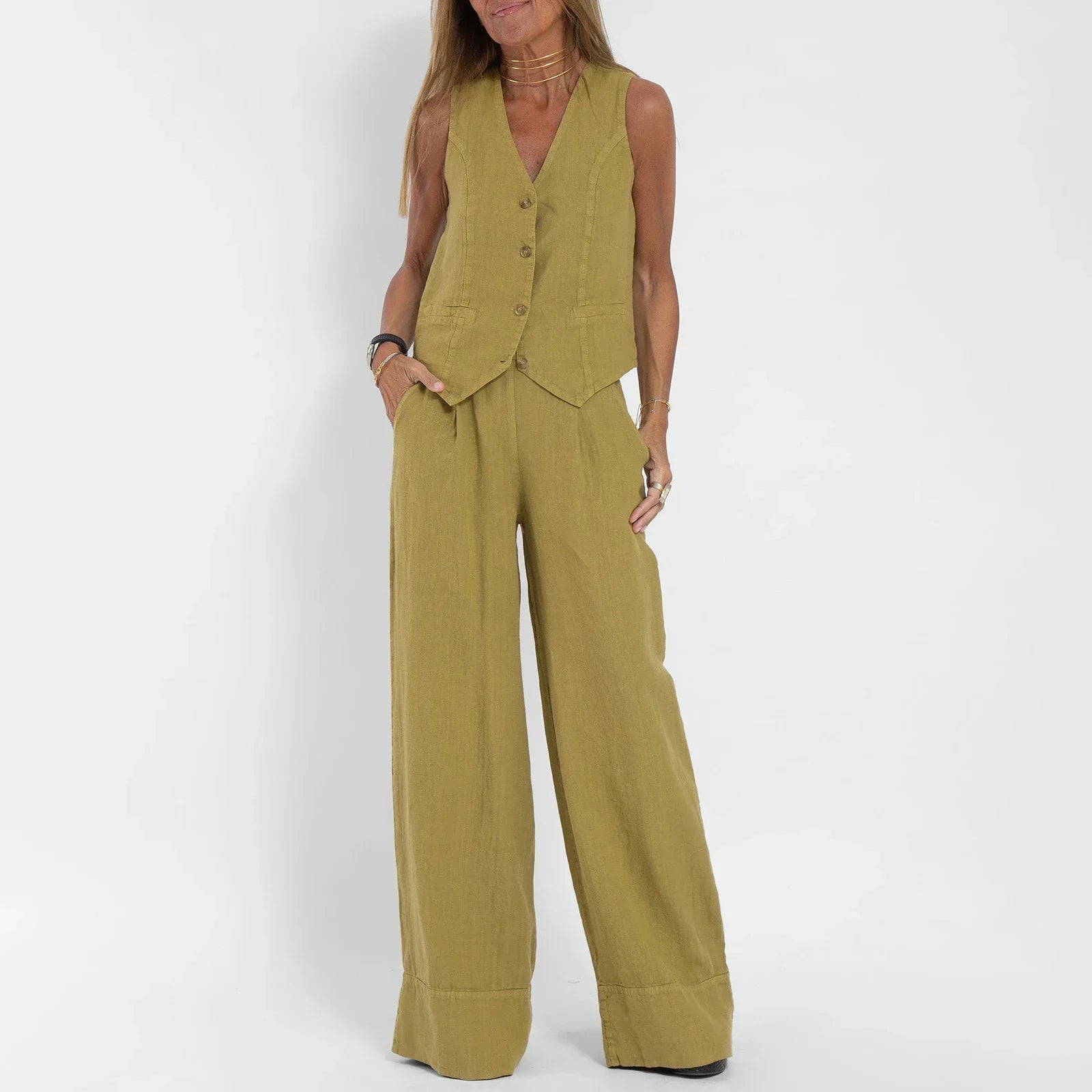 Women’s Casual Linen Two-Piece Vest & Wide-Leg Pants Set