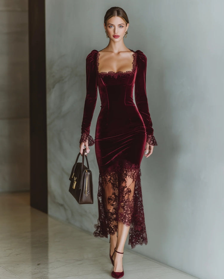 Maxi Dress with Velvet Heart-Shaped Neckline
