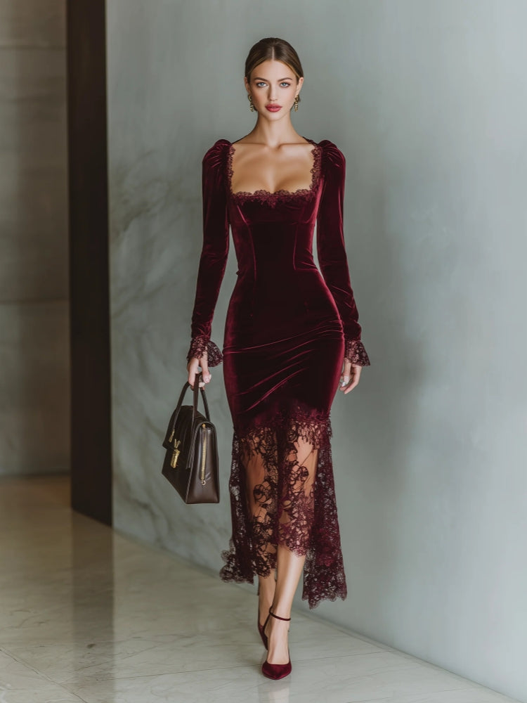 Maxi Dress with Velvet Heart-Shaped Neckline