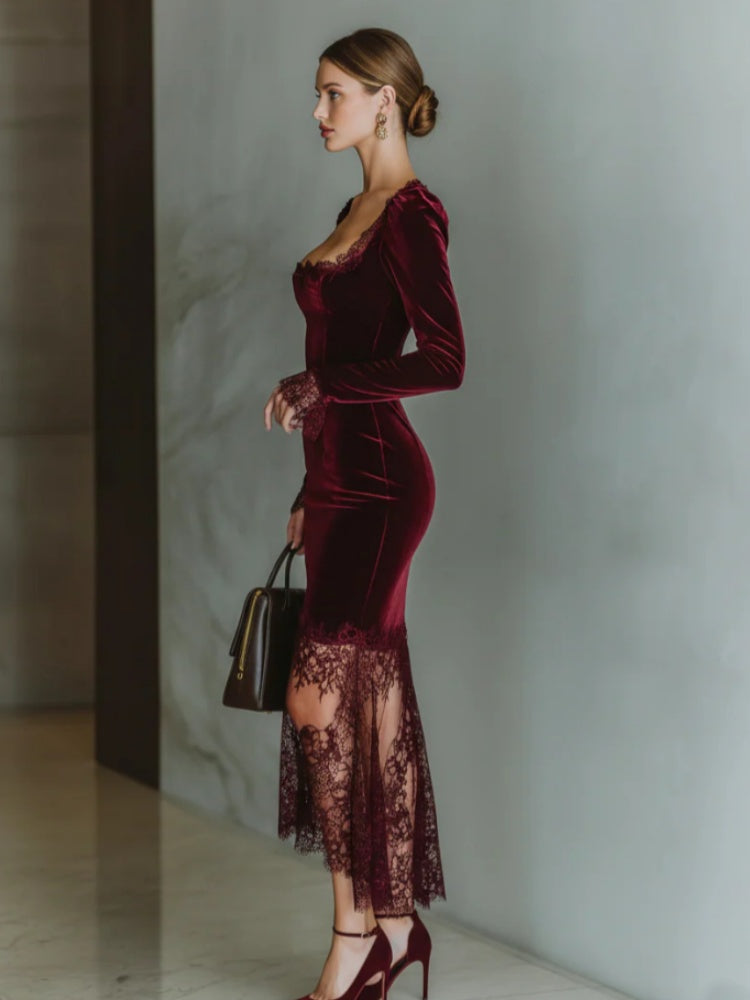 Maxi Dress with Velvet Heart-Shaped Neckline