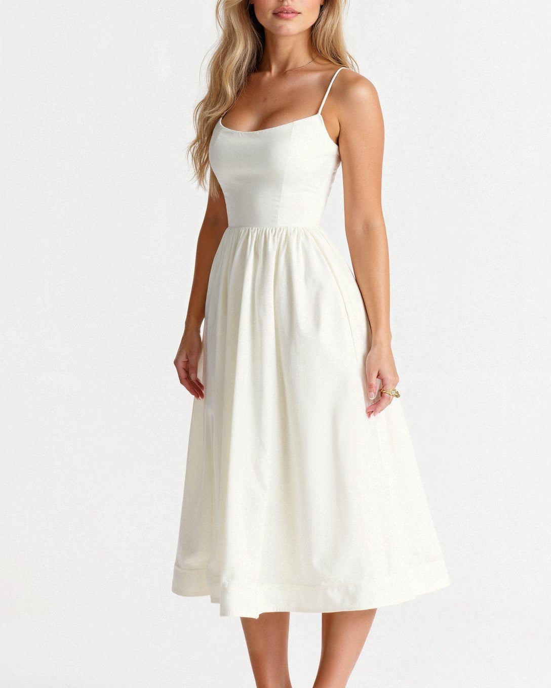 Women's Midi Dress - Spaghetti Strap Scoop Neck Gathered A-Line Skirt