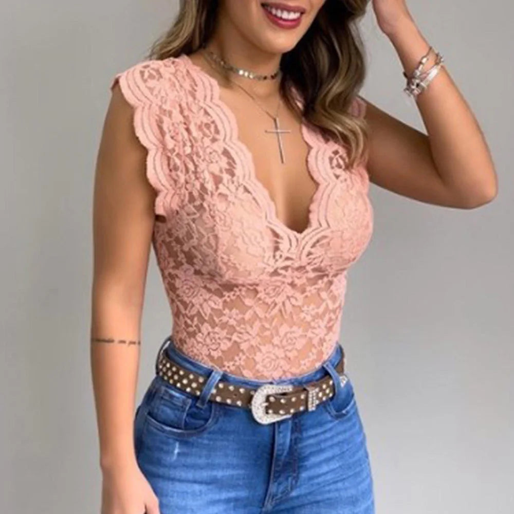 Women's Sleeveless Lace Blouse with V-Neck