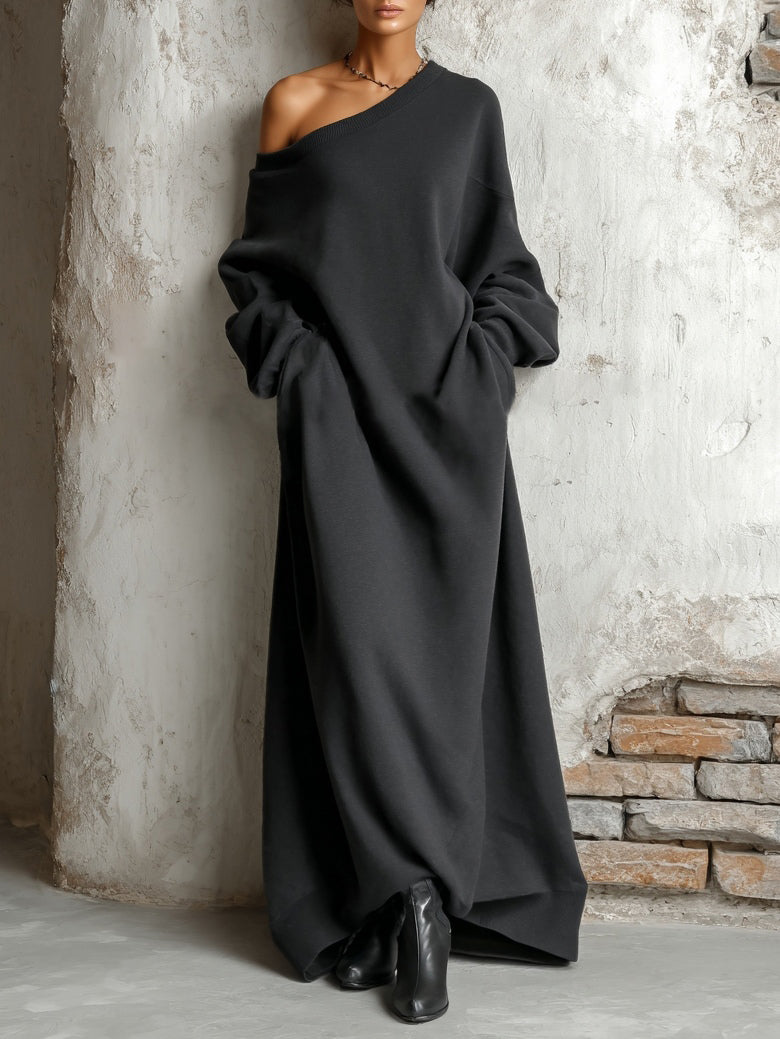 Tjara | Loose Knit Maxi Dress with Off-Shoulder Design