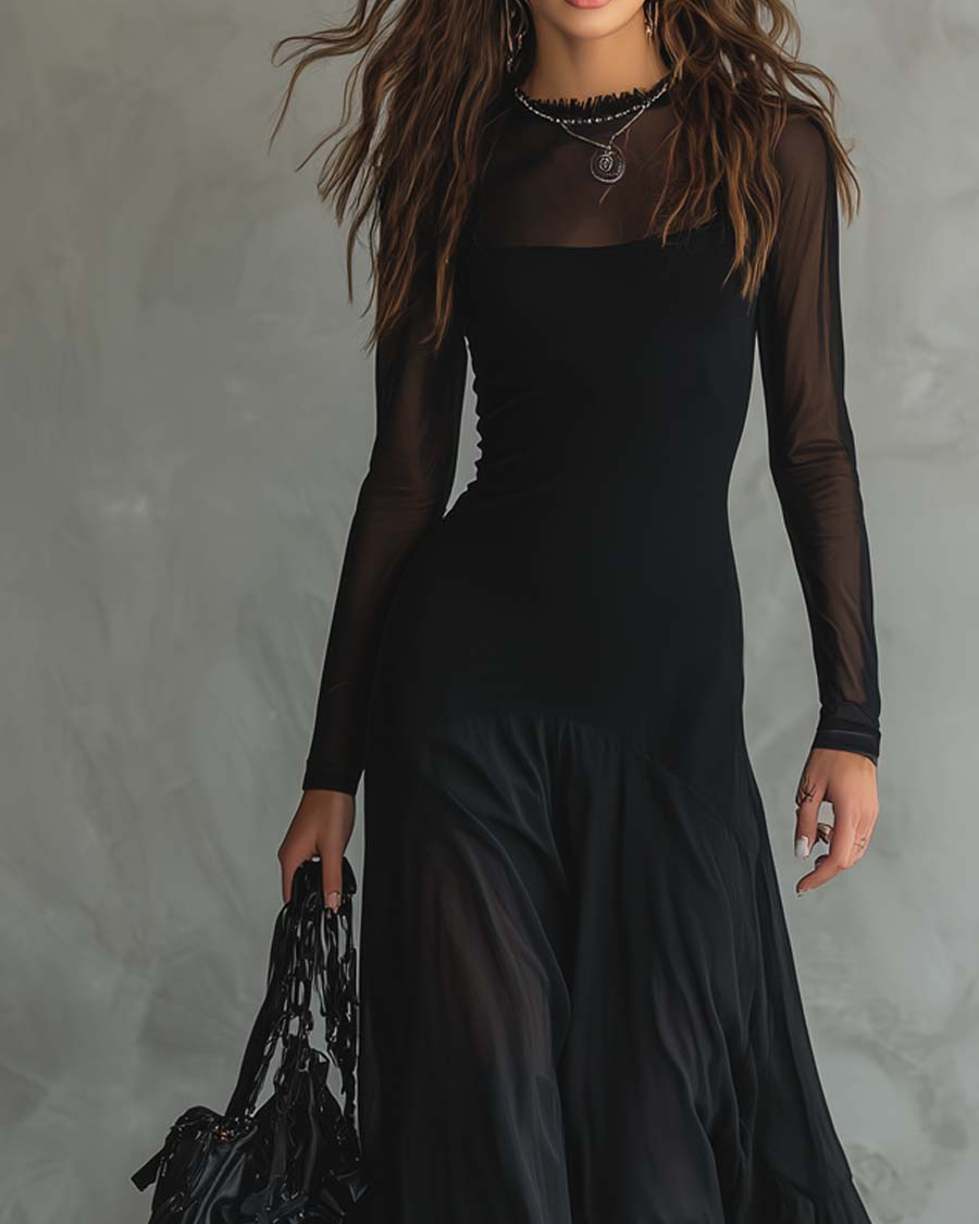 Women's Dress | Fitted Maxi with Tulle and Long Sleeves