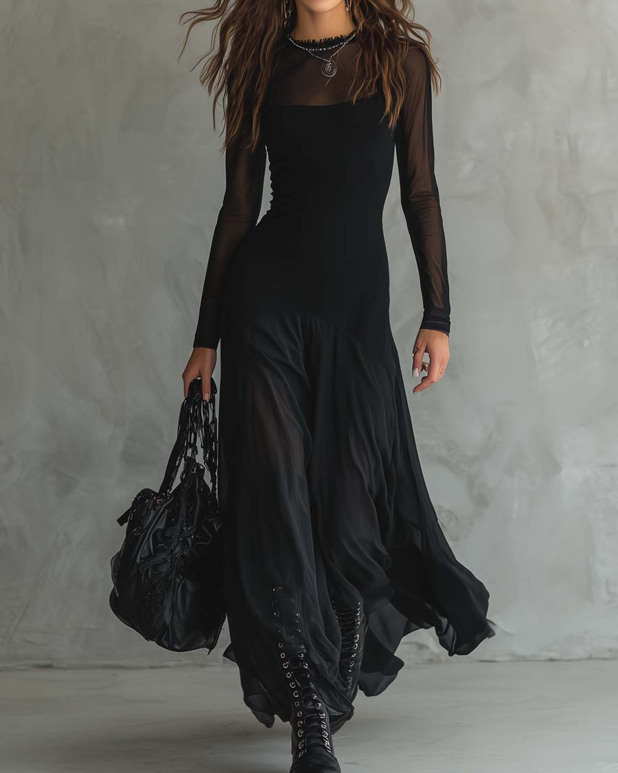 Women's Dress | Fitted Maxi with Tulle and Long Sleeves