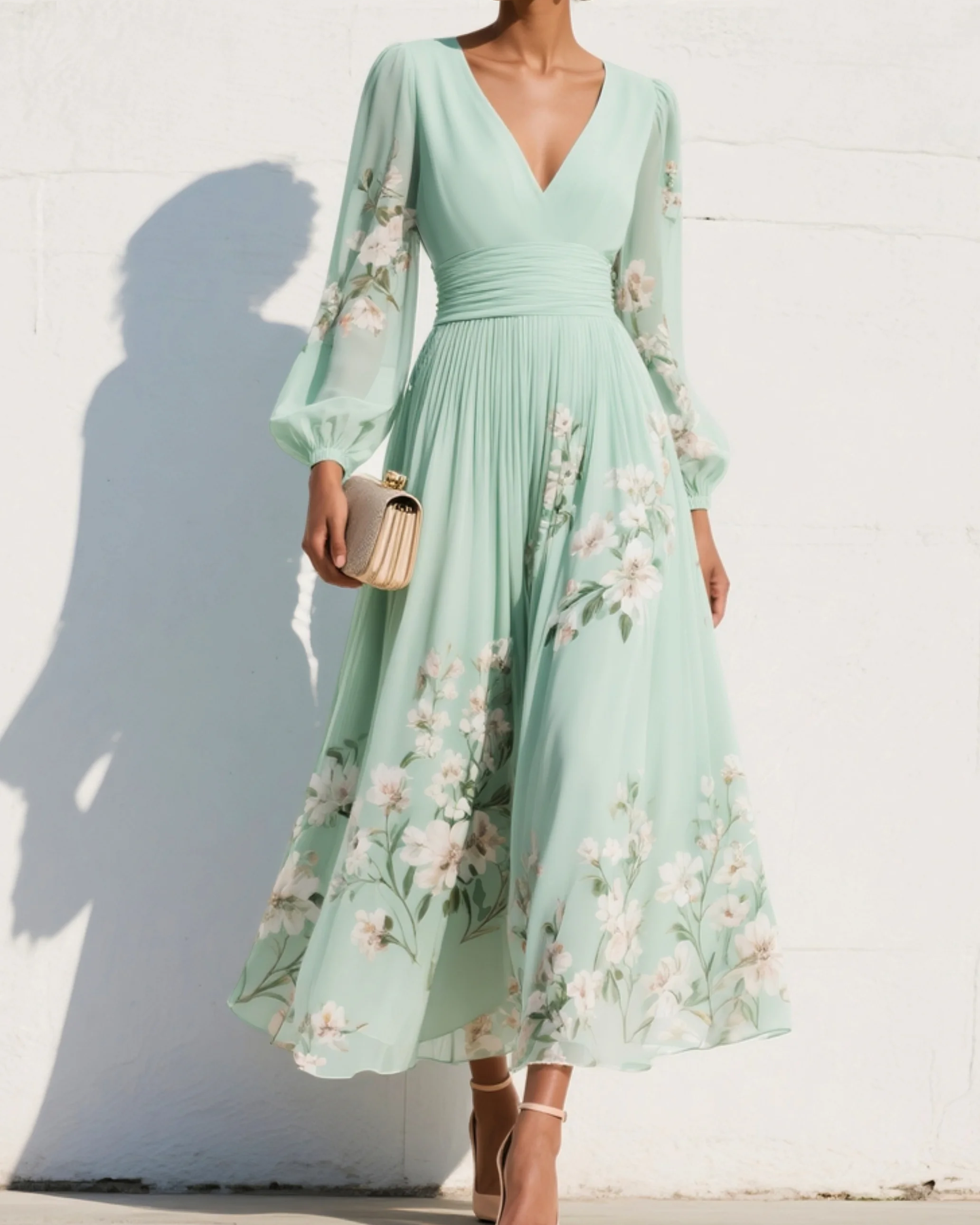 Light Green V-Neck Chiffon Pleated Floral Midi Dress