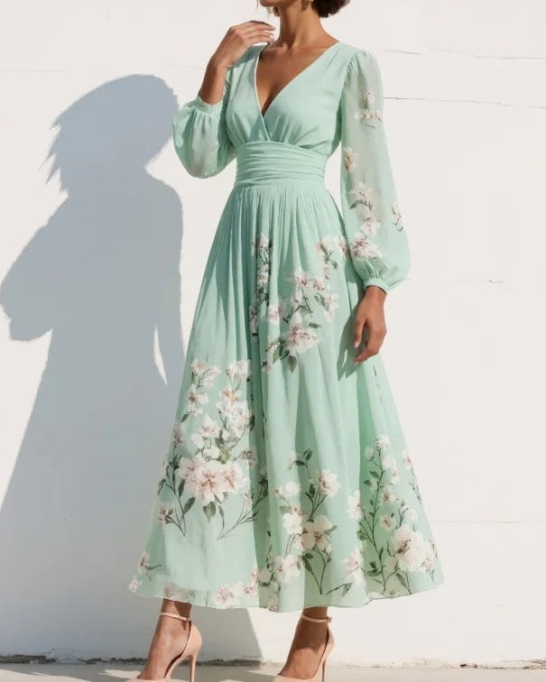 Light Green V-Neck Chiffon Pleated Floral Midi Dress