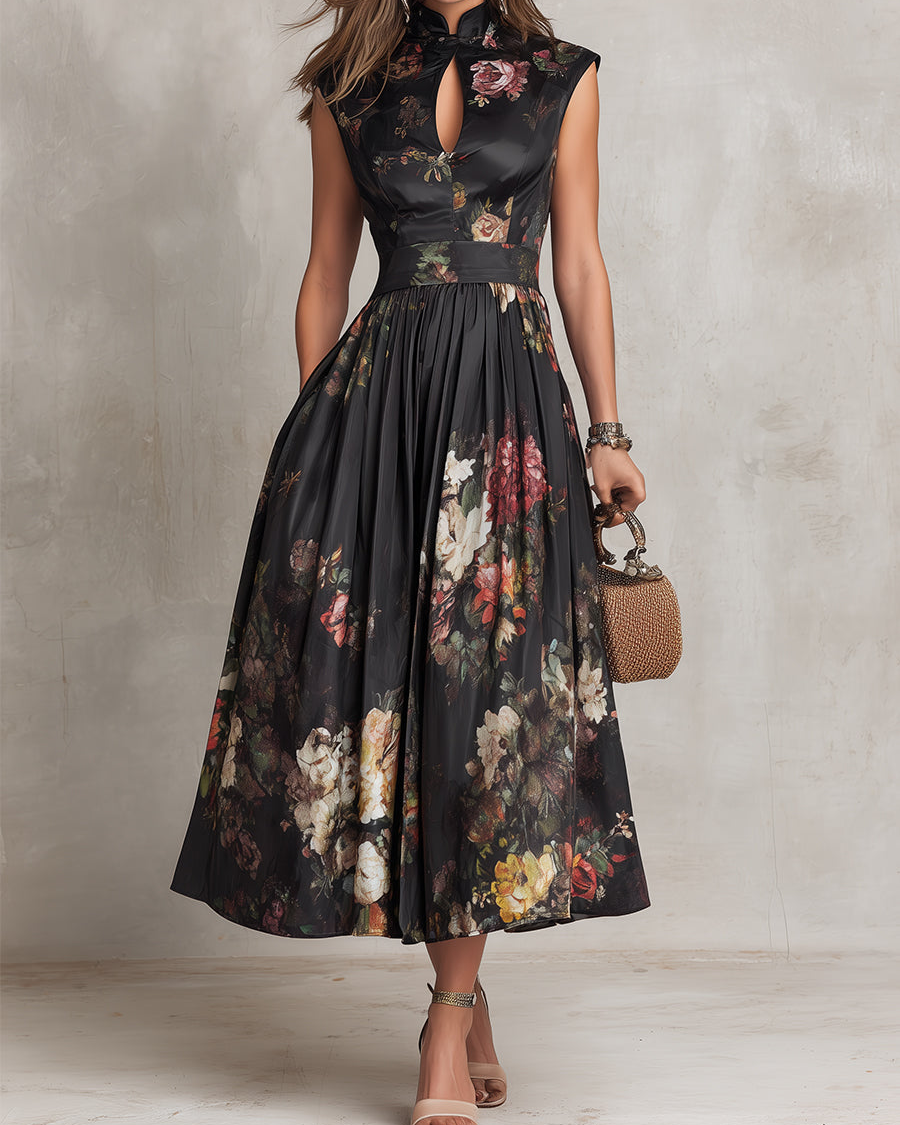 Violetta - Black Midi Dress in Pleated Satin with Floral Pattern and Keyhole Neckline