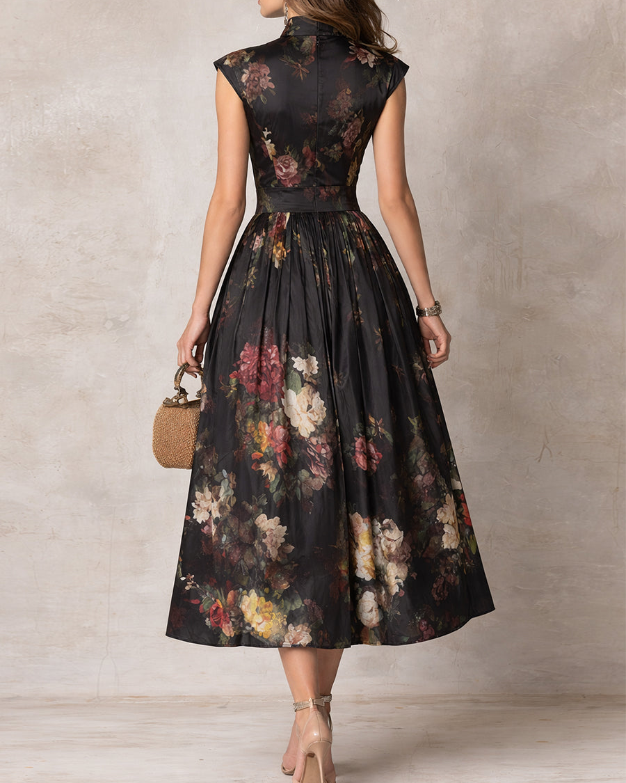 Patricia | Black Floral Satin Midi Dress