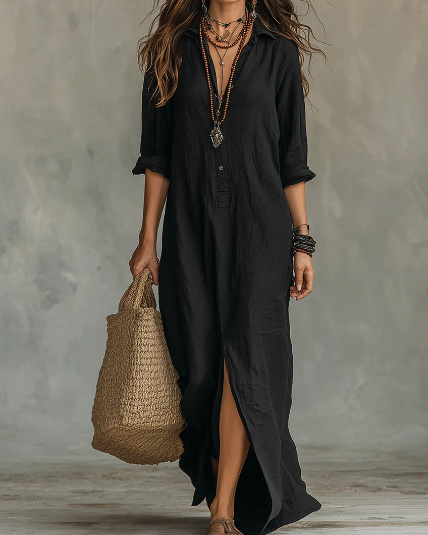 Soline | Long Black Dress with Buttons