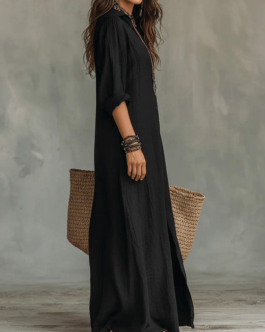 Soline | Long Black Dress with Buttons