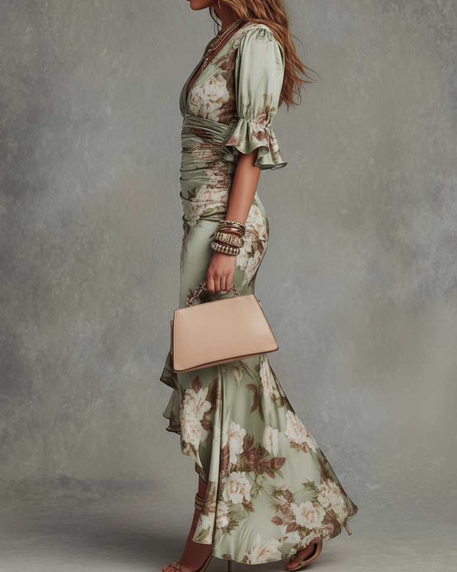 Anna - Asymmetrical long dress in green satin with V-neck, flared puff sleeves, and floral pattern
