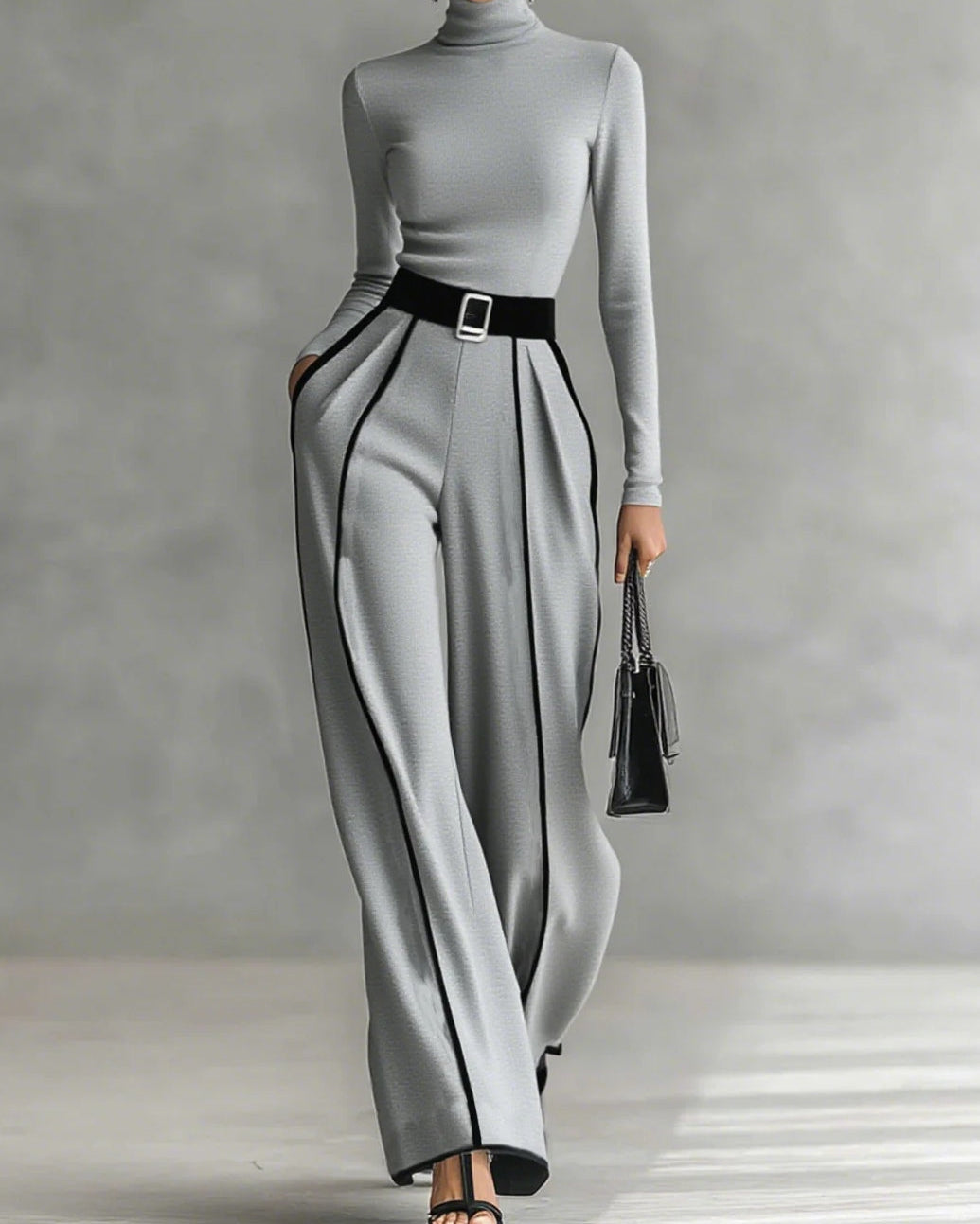 Set consisting of a turtleneck long-sleeve blouse with white accents, wide trousers, and a belt