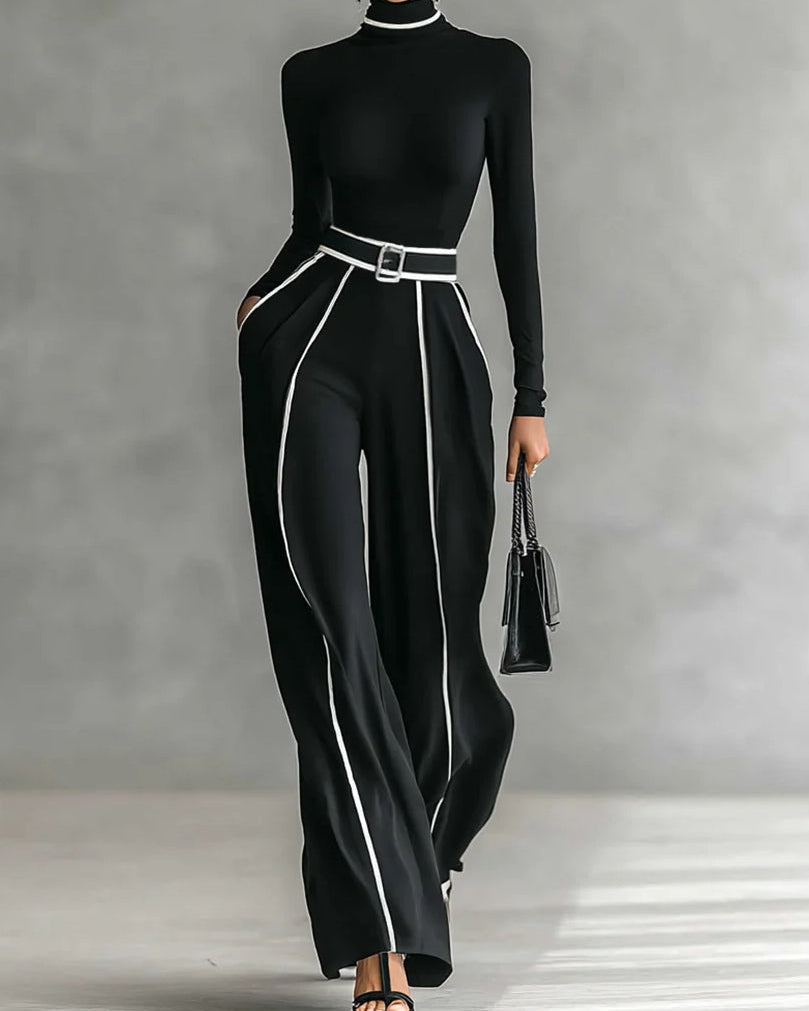 Set consisting of a turtleneck long-sleeve blouse with white accents, wide trousers, and a belt