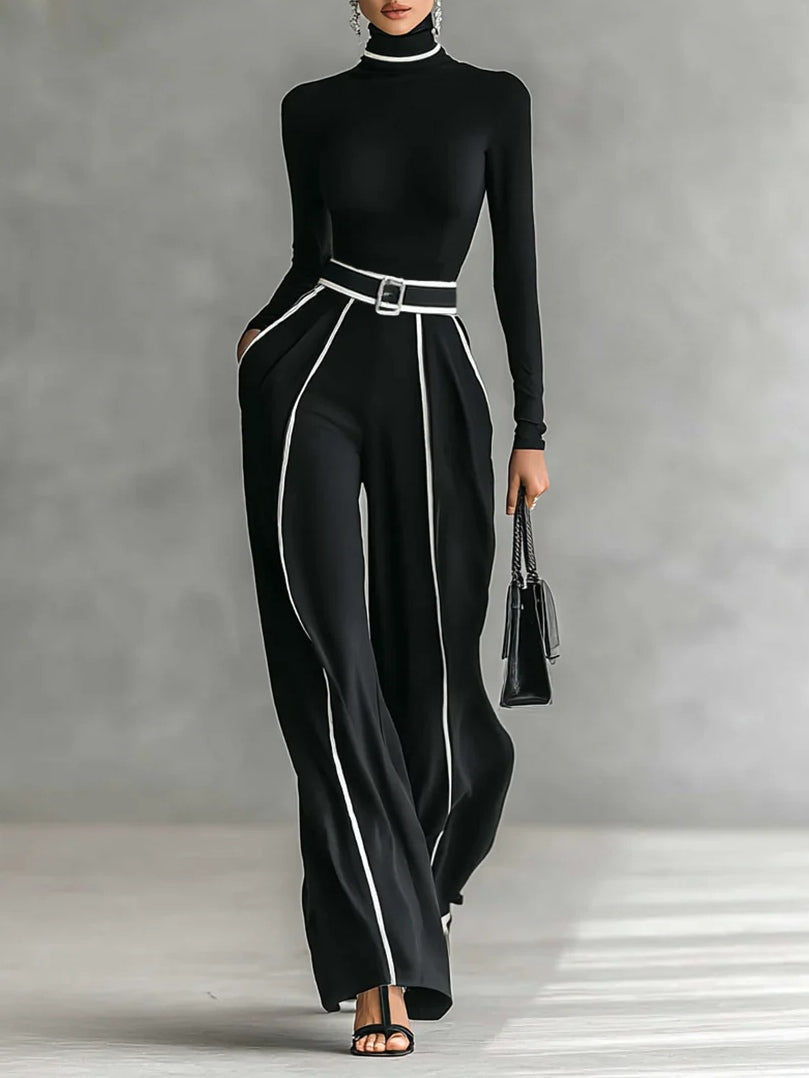 Set consisting of a turtleneck long-sleeve blouse with white accents, wide trousers, and a belt