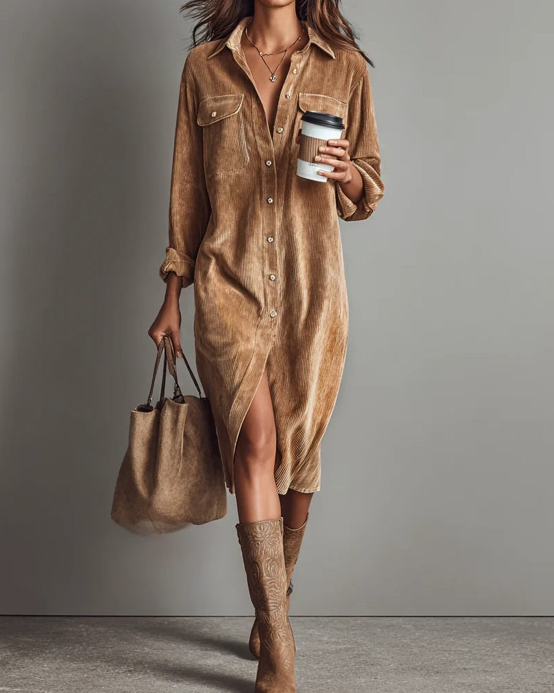 Loose Corduroy Double Chest Pocket Single Breasted Midi Dress