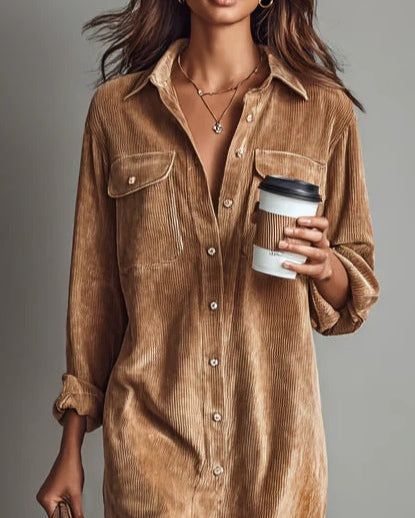 Loose Corduroy Double Chest Pocket Single Breasted Midi Dress