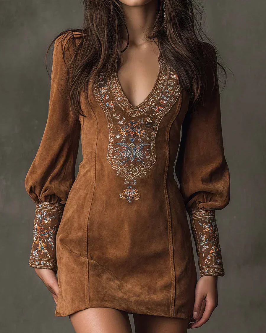 Gyana | Embroidered Mini Dress with Deep V-Neck