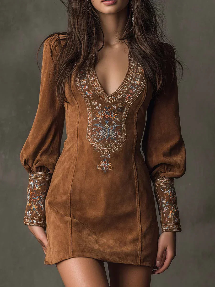 Gyana | Embroidered Mini Dress with Deep V-Neck