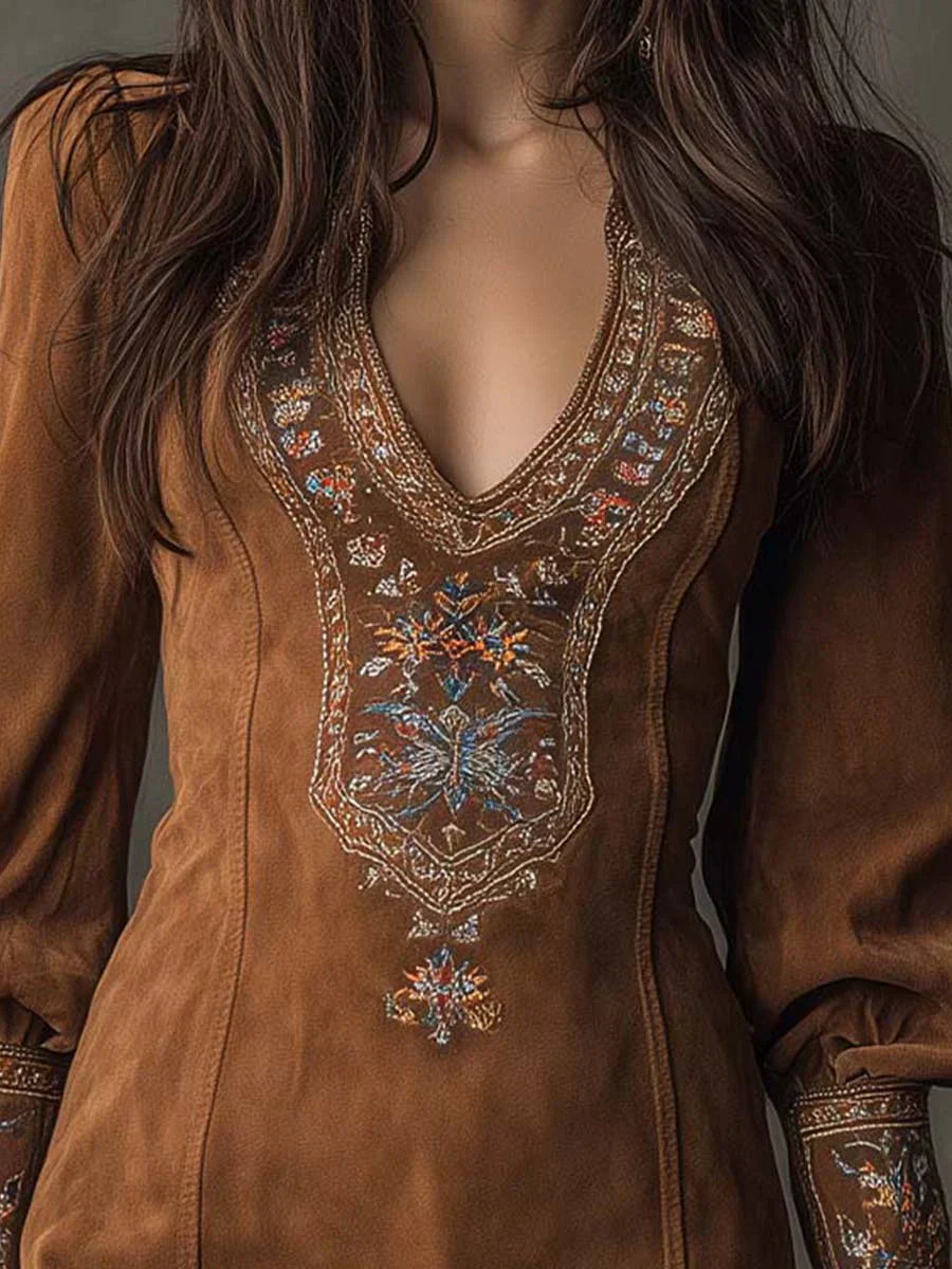Gyana | Embroidered Mini Dress with Deep V-Neck