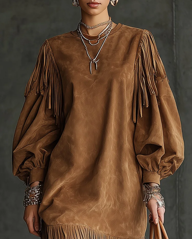 Mia | Vintage Mini Suede Dress with Fringes