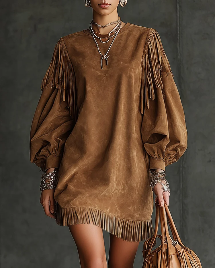 Mia | Vintage Mini Suede Dress with Fringes